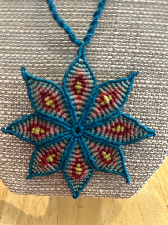 Handmade Jewelry - Handmade Rich Blue Macrame Flower Necklace with Red and Yellow Accents